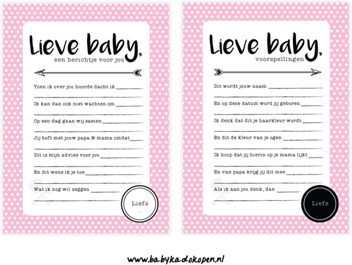 Invulkaarten Lieve Baby | Meisje Roze | Babyshower spel | Gender Reveal Feest | Voorspellingen | Bericht voor de baby